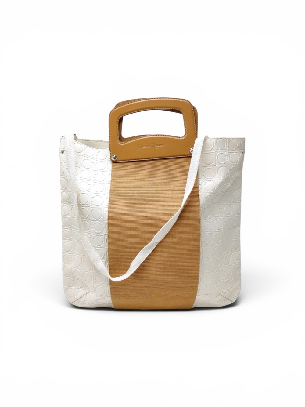 Salvatore Ferragamo White & Tan Signature Center-Panel Tote